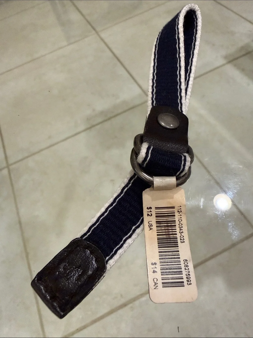 abercrombie kids Navy and White Webbing Belt with Brown Leather Accents